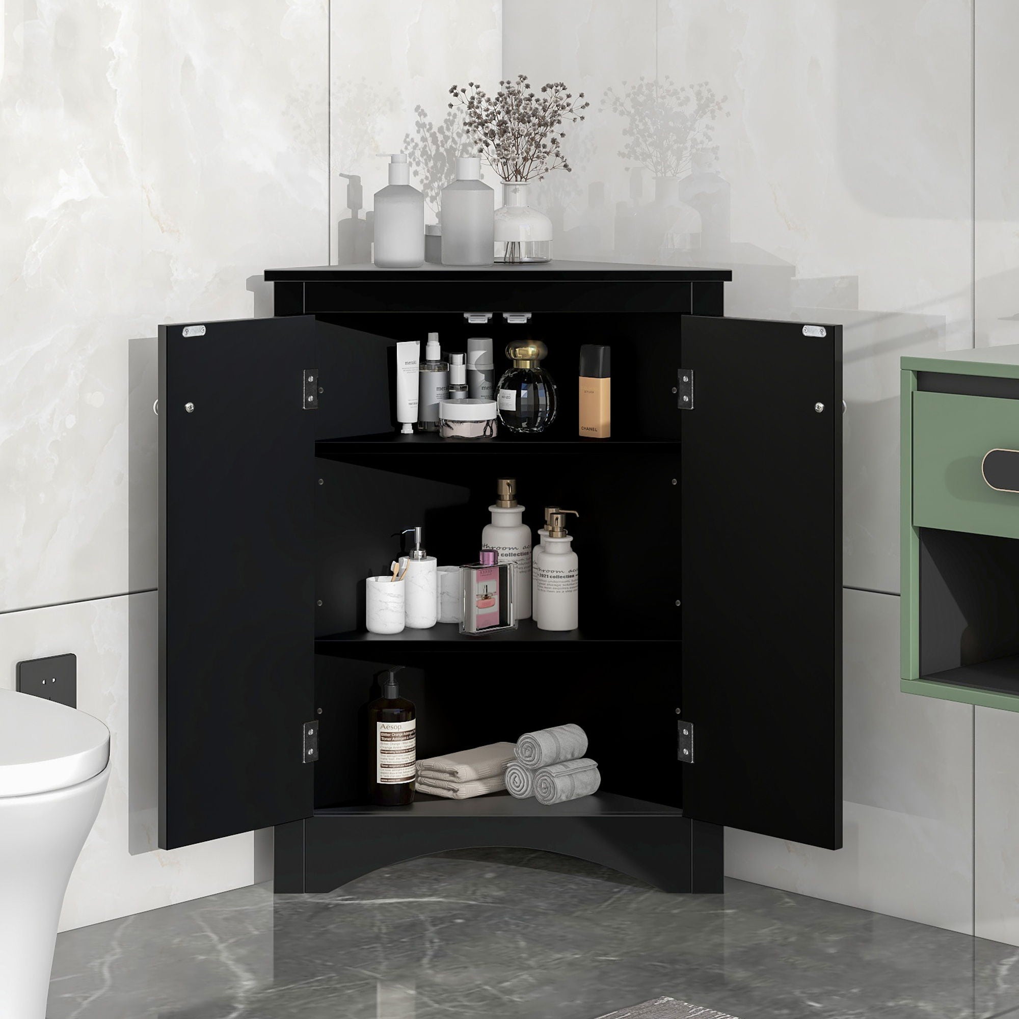 Triangle Bathroom Storage Cabinet With Adjustable Shelves, Freestanding Floor Cabinet For Home Kitchen - Black