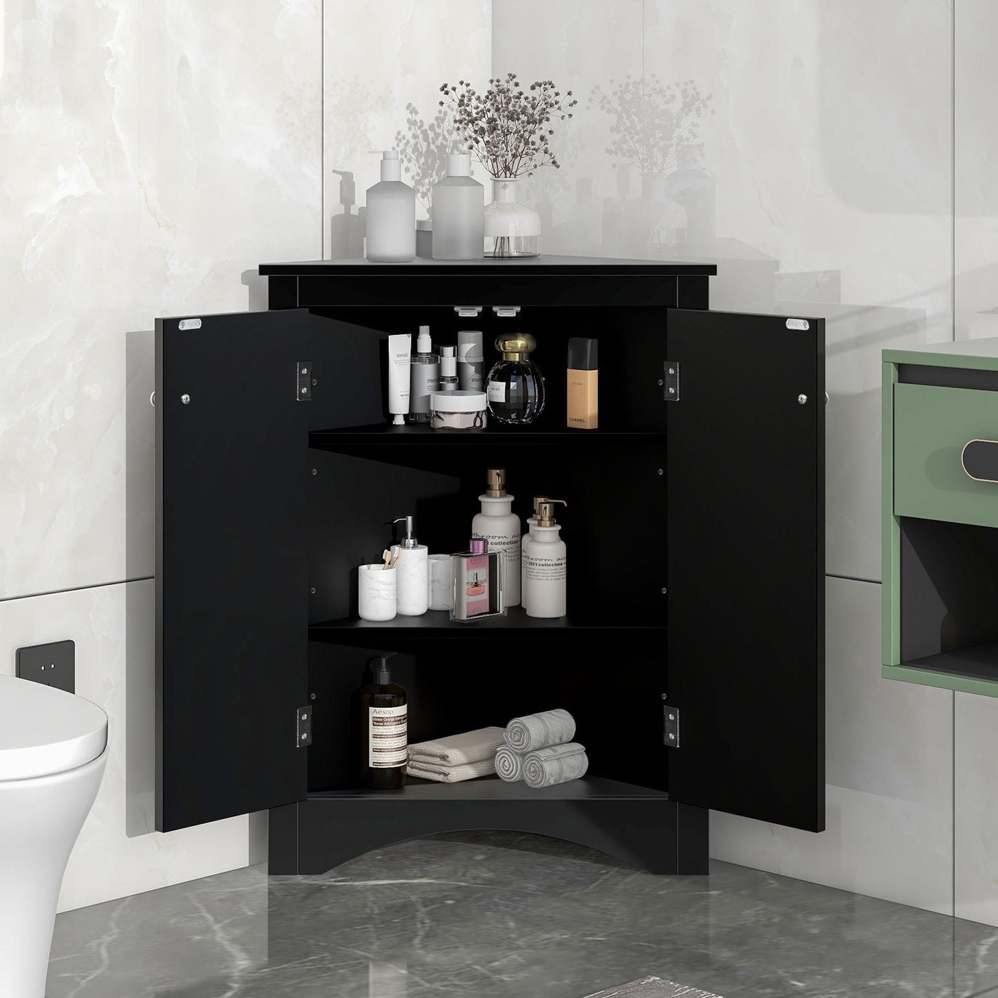Triangle Bathroom Storage Cabinet With Adjustable Shelves, Freestanding Floor Cabinet For Home Kitchen - Black