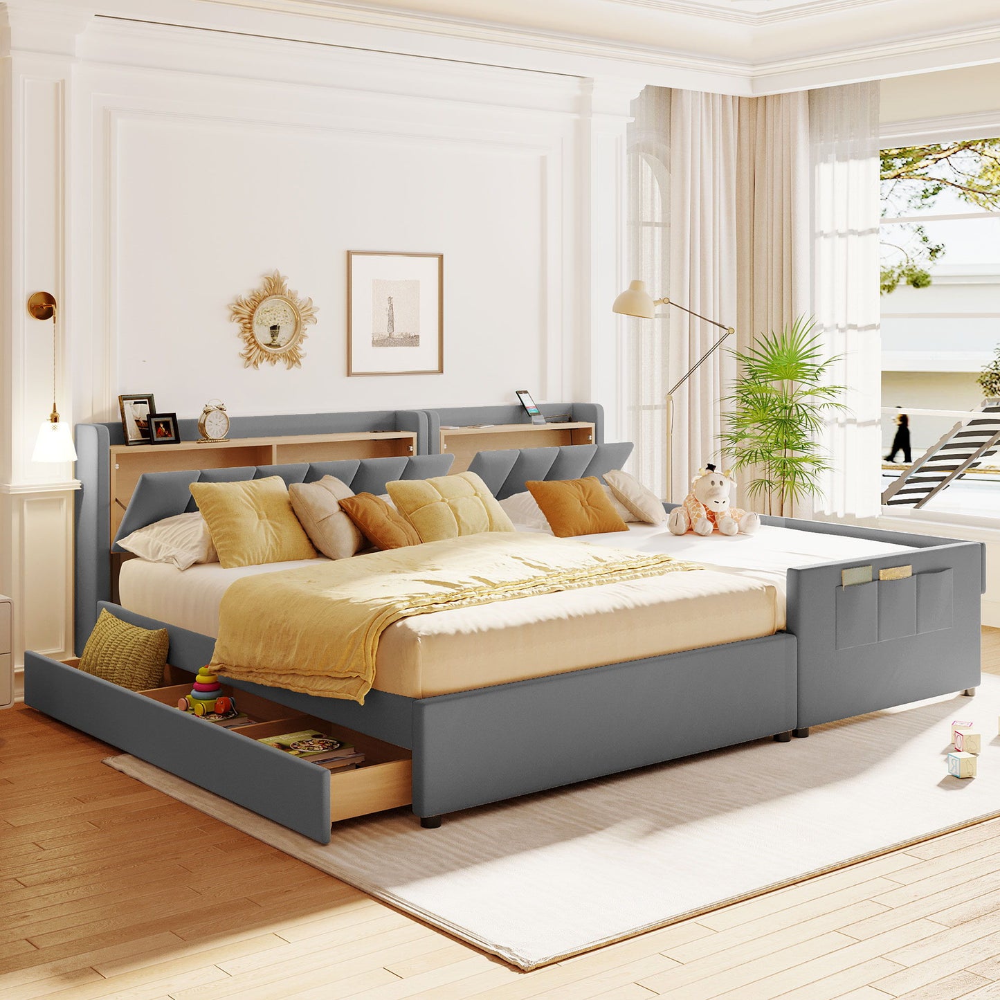 Queen & Twin Long Size Upholstered Platform Bed, Mother & Child Bed With Hydraulic Storage System, Drawer Box, Bedhead Storage Shelf And 2 Pairs Of Sockets & USB Ports - Gray