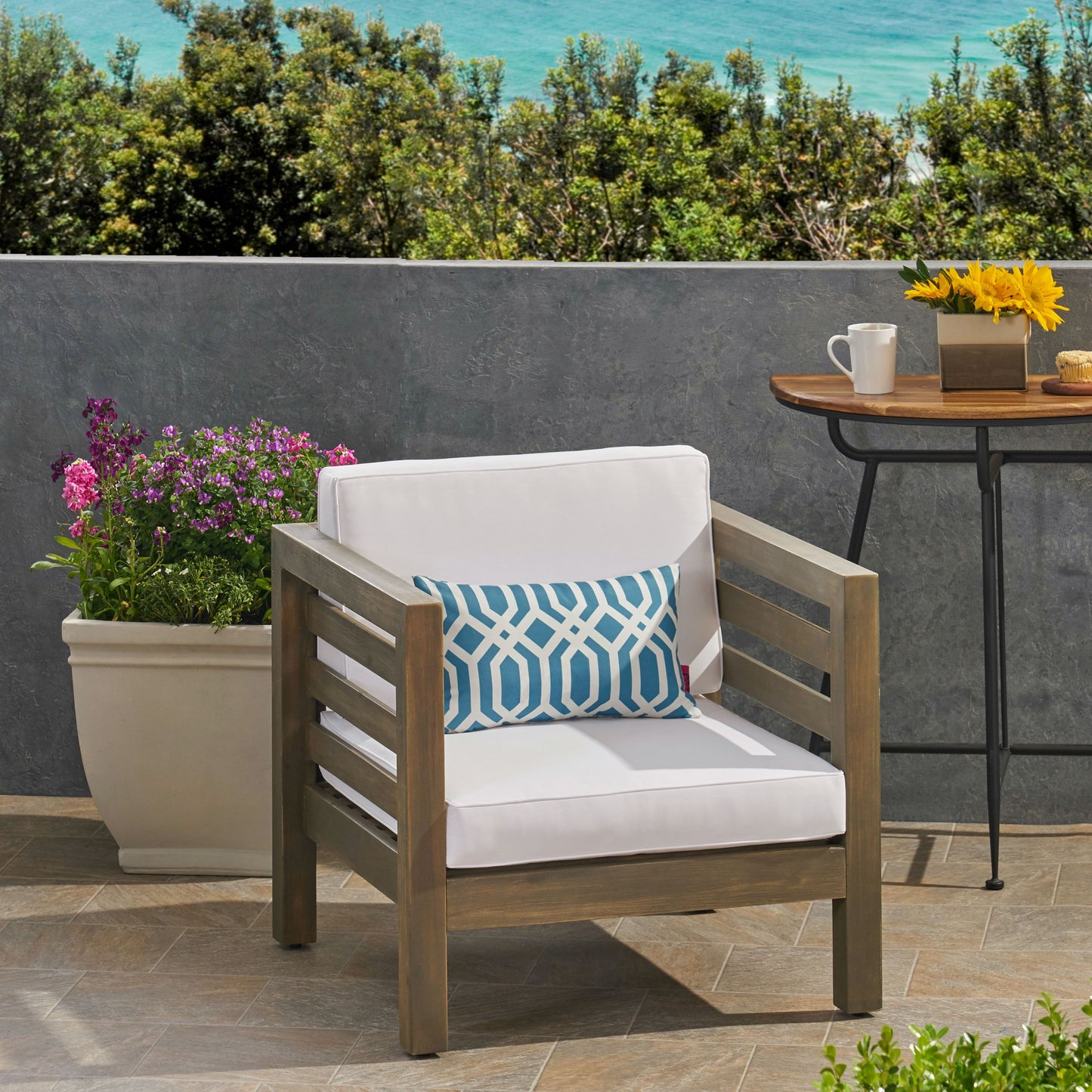 Outdoor Club Chair, Acacia Wood Patio Chair With Fabric Cushion For Backyard, Garden Or Porch - Gray / White