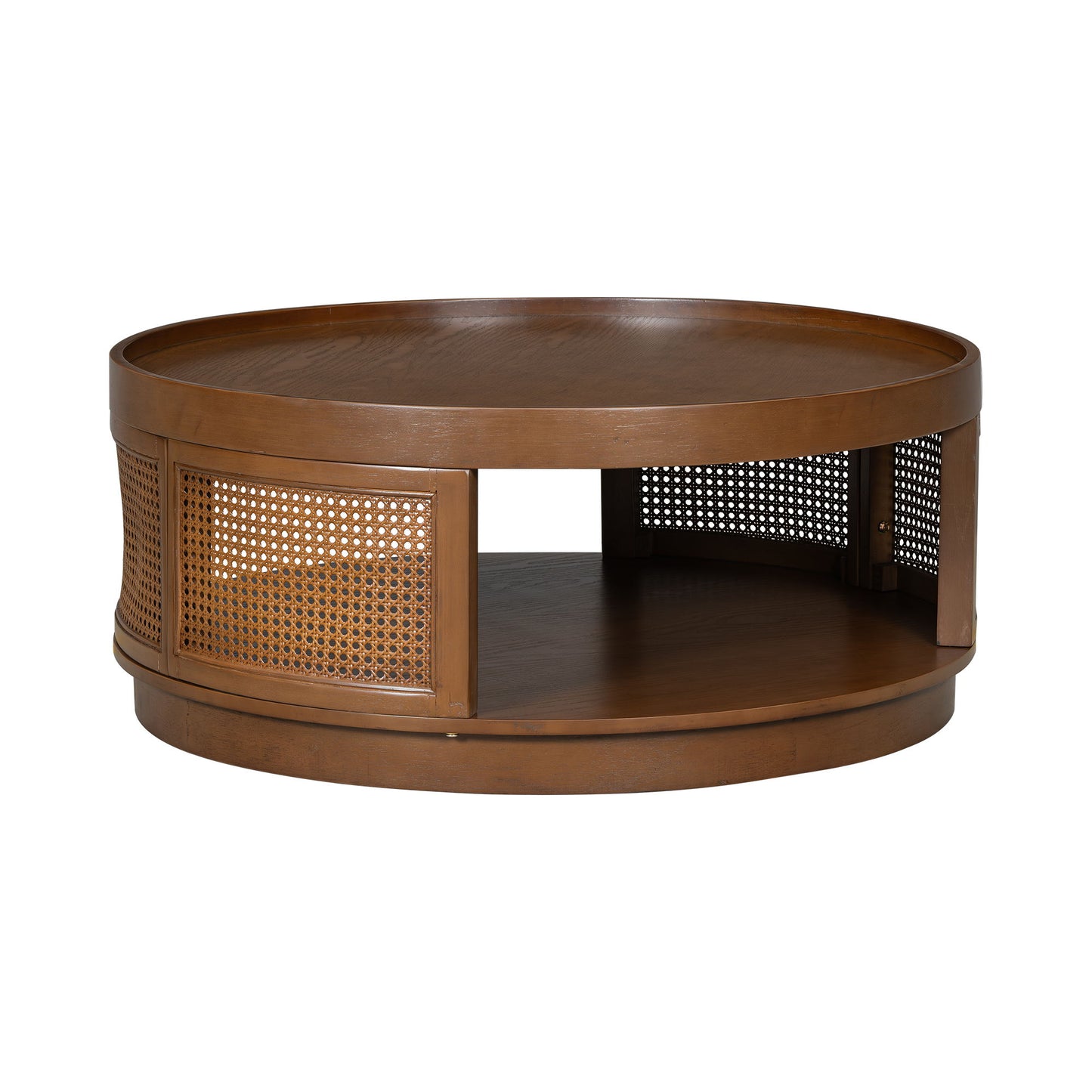 Wooden Mid-Century Modern Coffee Table, Round Cane Coffee Table With Side For Living Room - Brown