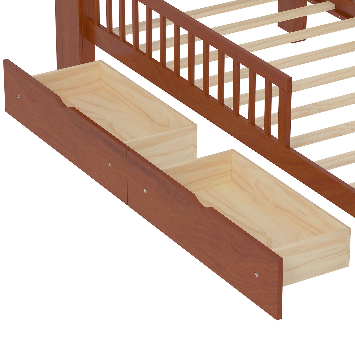 Twin Size Bed With Headboard Storage Rack, 2 Under Bed Drawers, 3 - Side Guardrails For Safety And Security - Walnut
