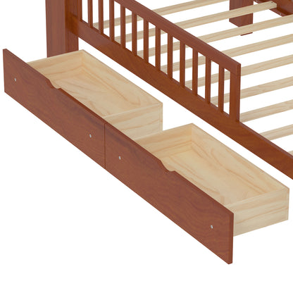 Twin Size Bed With Headboard Storage Rack, 2 Under Bed Drawers, 3 - Side Guardrails For Safety And Security - Walnut