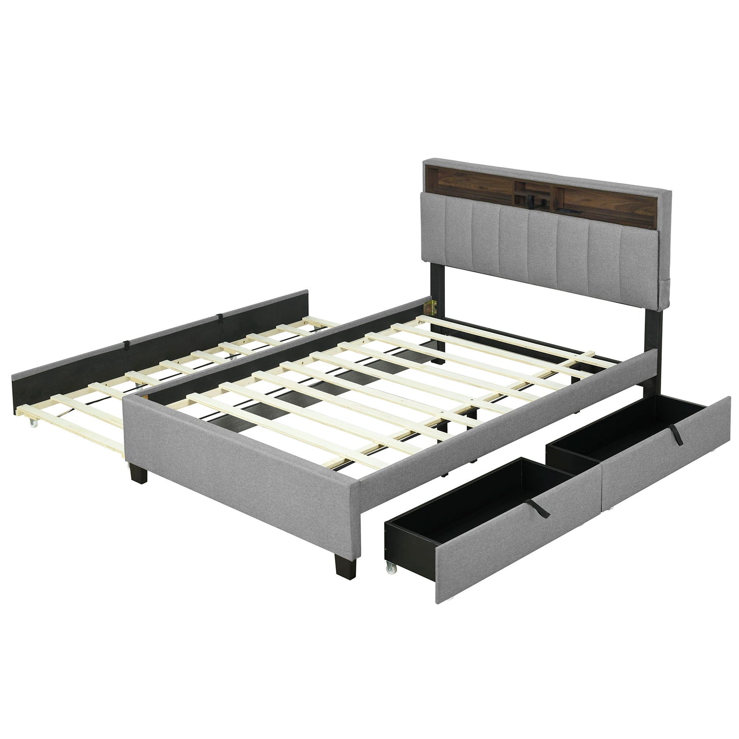 Full Size Upholstered Platform Bed With Storage Headboard, Twin Size Trundle & 2 Drawers And A Set Of Sockets & USB Ports - Gray