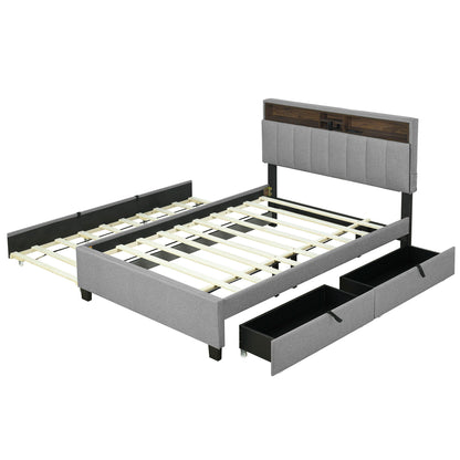 Full Size Upholstered Platform Bed With Storage Headboard, Twin Size Trundle & 2 Drawers And A Set Of Sockets & USB Ports - Gray