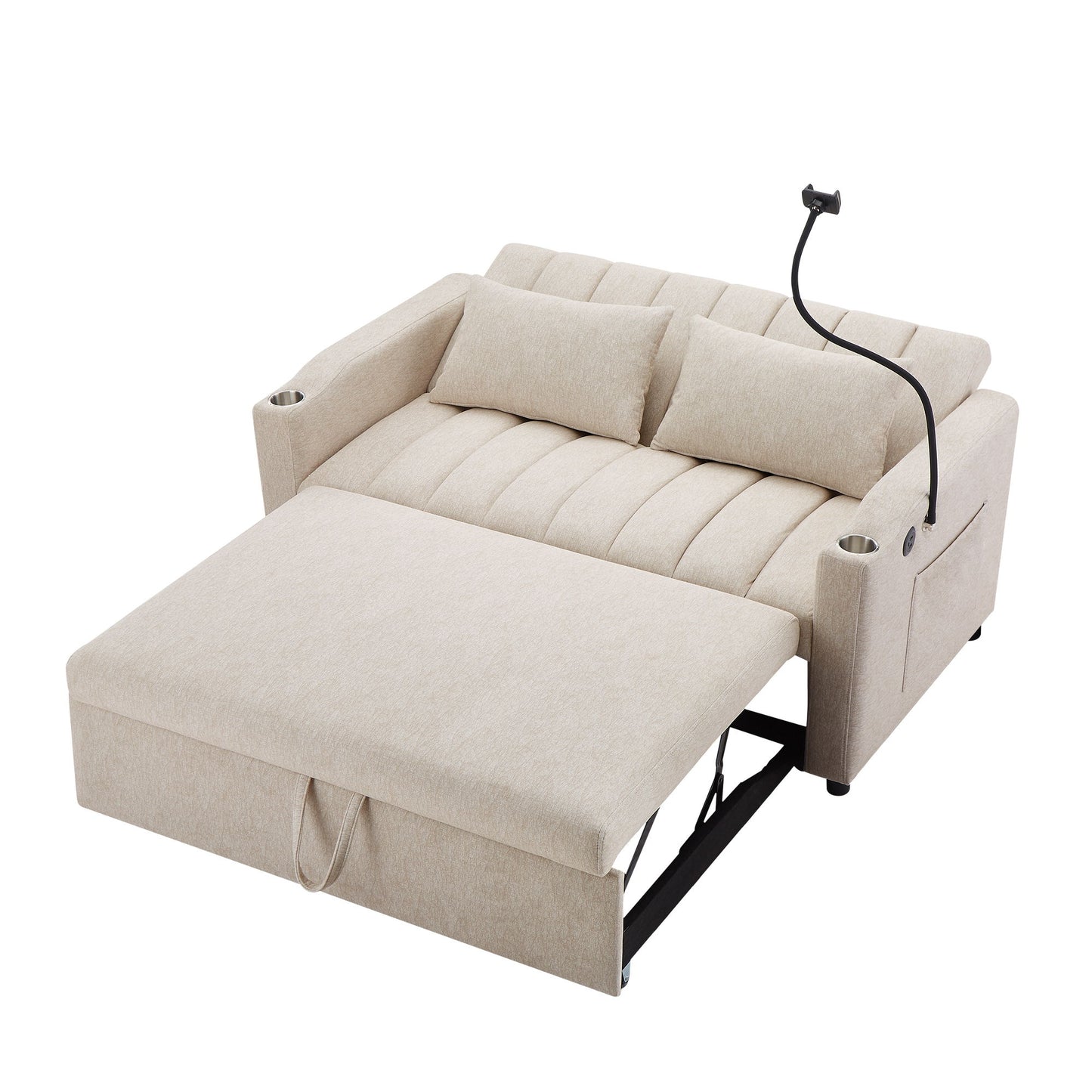 Convertible Sofa Bed Loveseat Sofa With Three USB Ports, Two Side Pockets, Two Cup Holders And 360ÔøΩÔøΩÔøΩÔøΩÔøΩÔøΩÔøΩÔøΩÔøΩÔøΩÔøΩÔøΩÔøΩÔøΩÔøΩÔøΩÔøΩÔøΩÔøΩÔøΩÔøΩÔøΩÔøΩÔøΩÔøΩÔøΩÔøΩÔøΩÔøΩÔøΩÔøΩÔøΩÔøΩ swivel Phone Holder For Living Room - Beige