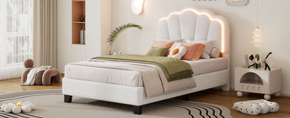 Twin Size Upholstered Flower-Shape Bed, Elegant Flowers Headboard With LED Light Strip, Sherpa Fabric Platform Bed With Slats Support - White
