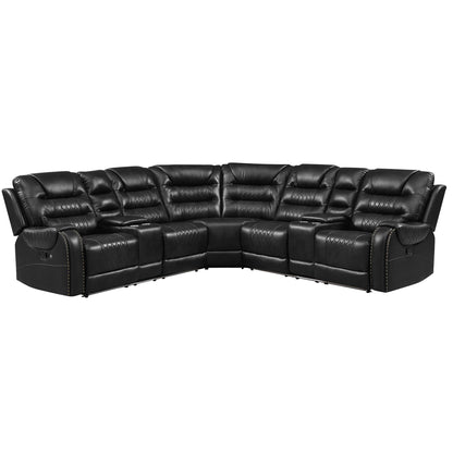 Manual Reclining Sectional Sofa Set L Shaped Symmetrical Motion Sofa Corner Couch Sets With Storage Boxes, 4 Cup Holders And LED Light Strip For Living Room - Black