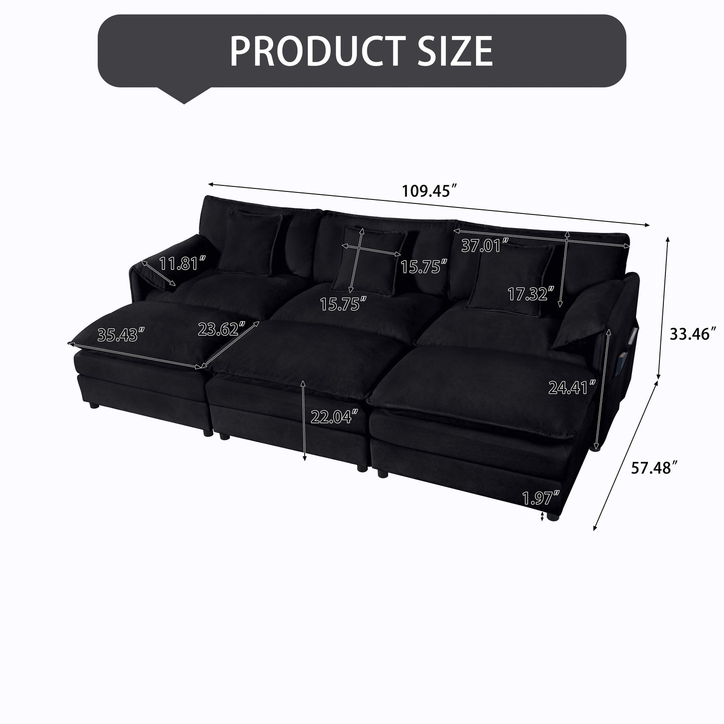 Oversized Deep Seat Sectional Cloud Sofa Sleeper With 3 Ottomans & Soft Pillows, Modular Couch Bed - Black
