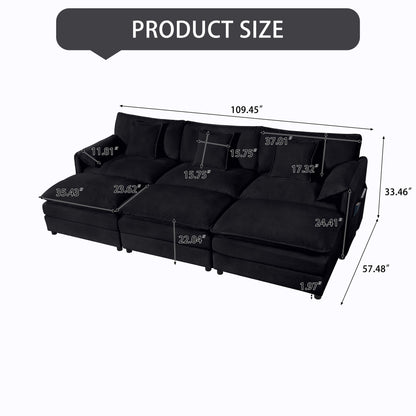 Oversized Deep Seat Sectional Cloud Sofa Sleeper With 3 Ottomans & Soft Pillows, Modular Couch Bed - Black