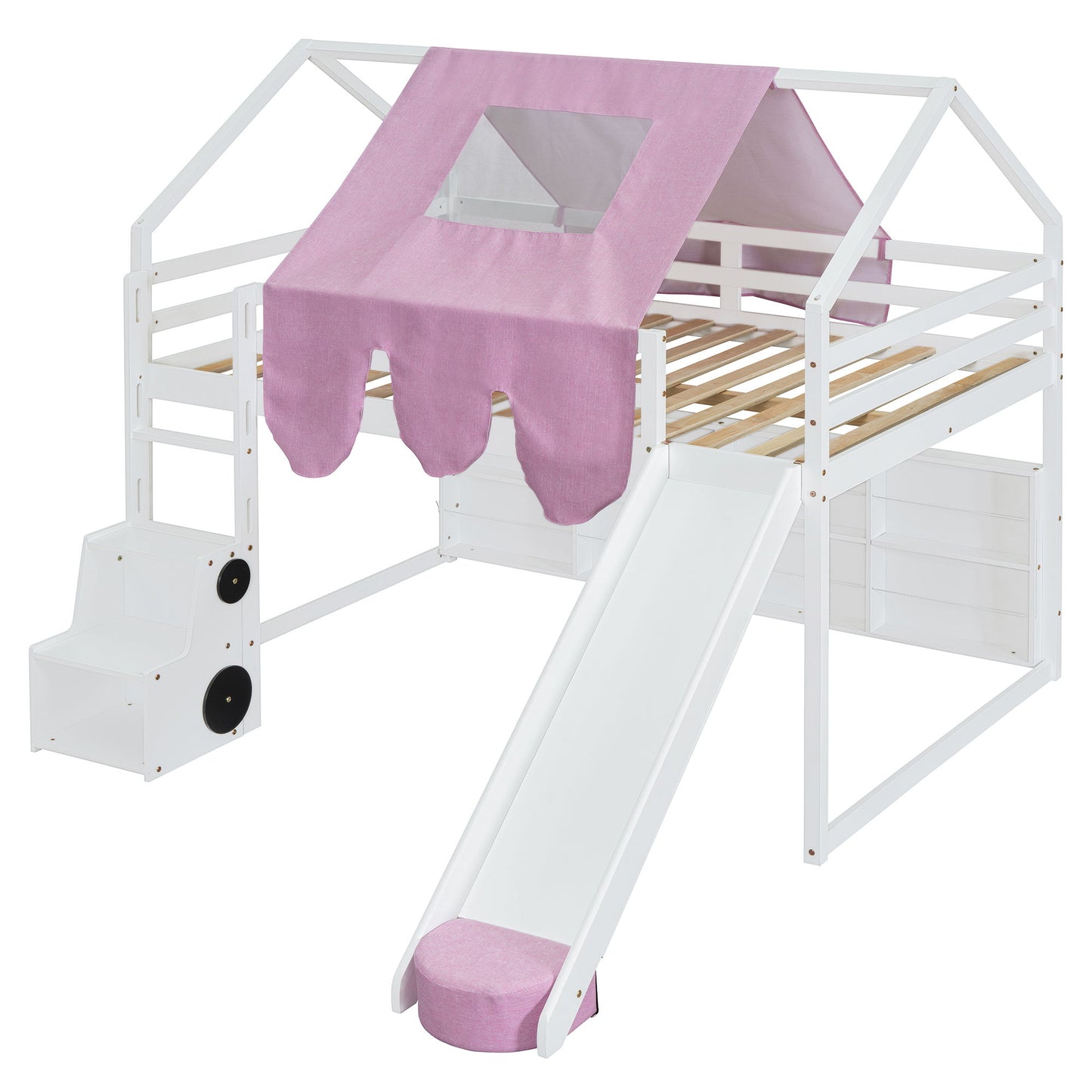 Full Size Loft Bed With House Shaped Frame And Tent - White / Pink