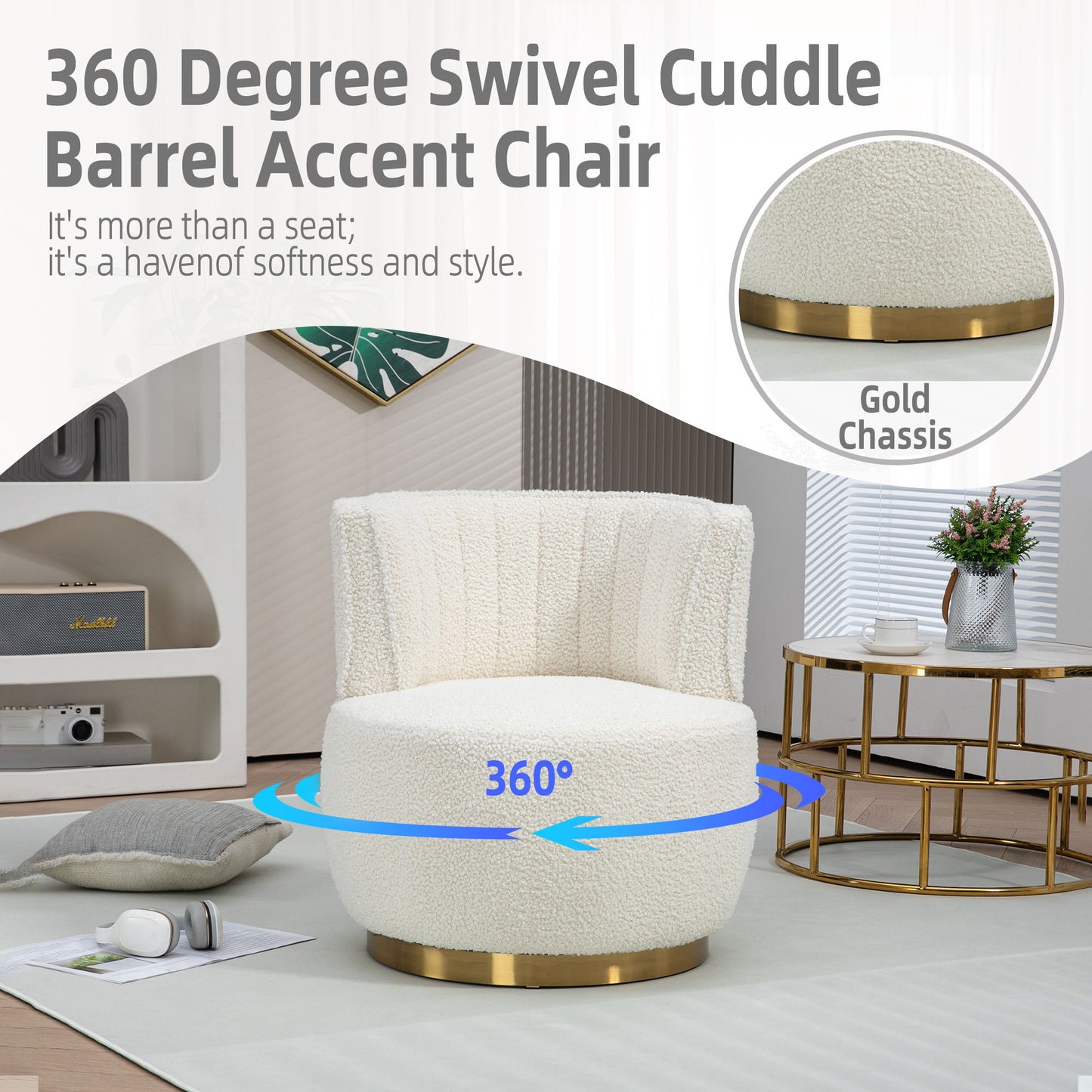 Coolmore - 360 Degree Swivel Cuddle Barrel Accent Sofa Chair, Round Armchair With Wide Upholstered Teddy Fabric - Cream