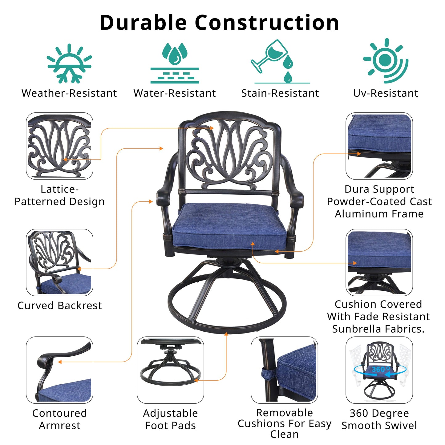 Patio Outdoor Aluminum Dining Swivel Rocker Chairs With Cushion (Set of 2) - Navy Blue