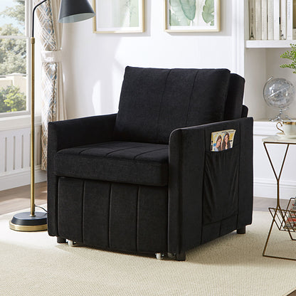 Upholstered Convertible Sleeper Sofa With 5 Position Backrest, Side Pockets, Storage - Black