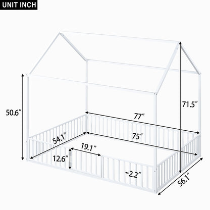 House Bed With Fence And Door - White