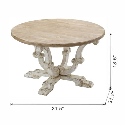 Round Wooden Coffee Table With Distressed Scrollwork Legs - Multicolor