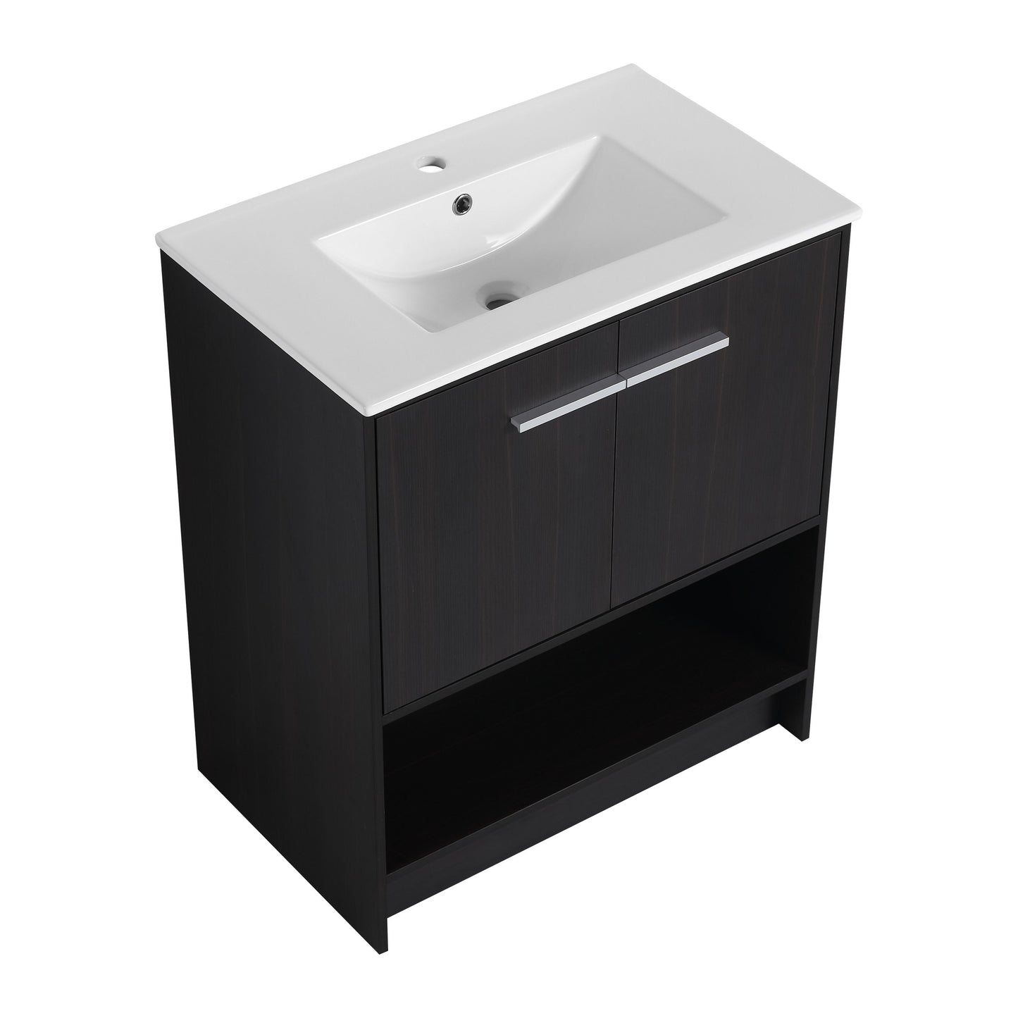 Modern Freestanding 30" Bathroom Vanity With Ceramic Sink, Soft Closing Doors Cabinet - Dark Oak