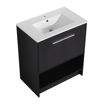 Modern Freestanding 30" Bathroom Vanity With Ceramic Sink, Soft Closing Doors Cabinet - Dark Oak