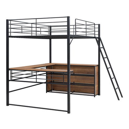 Full Size Loft Bed With 3 Layers Of Shelves And L-Shaped Desk - Black