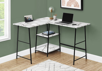 Computer Desk, Home Office, Corner, Storage Shelves, L-Shape, Work, Laptop, Marble Look Laminate, Contemporary, Modern - White