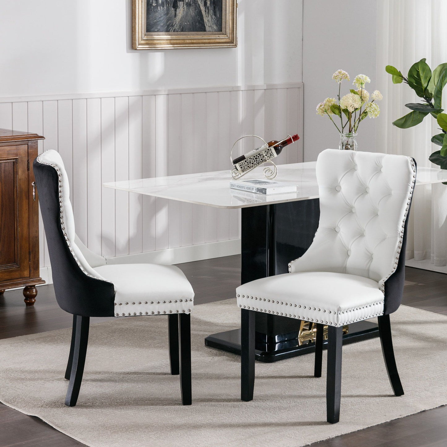 Nikki - Modern, High-End Tufted Solid Wood Contemporary And Velvet Upholstered Dining Chair With Wood Legs Nailhead Trim (Set of 2) - White / Black
