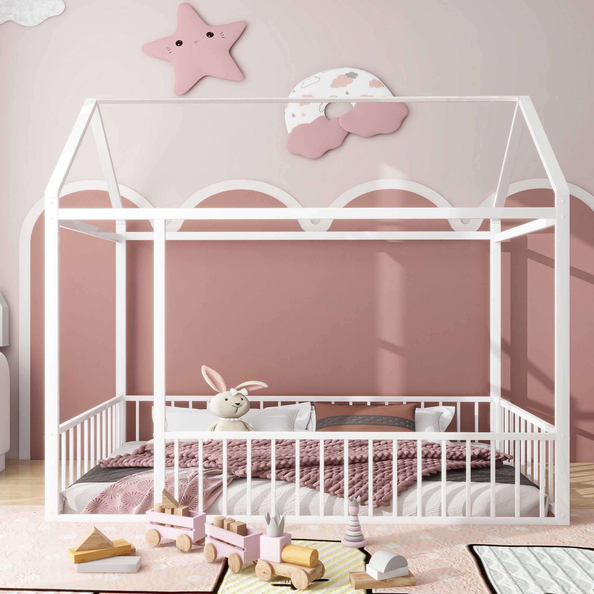 Twin Size Bed House Bed Frame With Fence - White