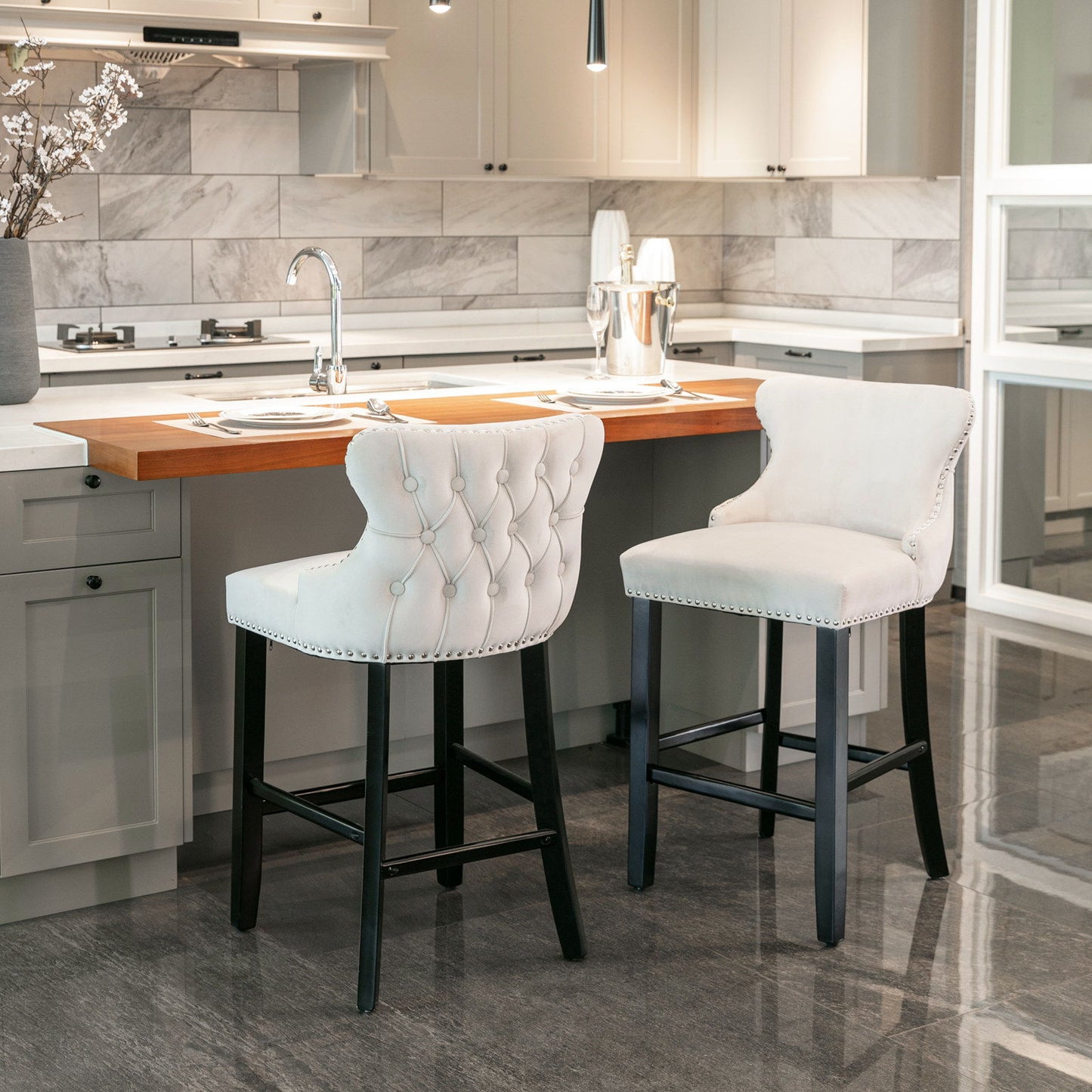 Contemporary Velvet Upholstered Wing-Back Barstools With Button Tufted Decoration And Wooden Legs, And Chrome Nailhead Trim, Leisure Style Bar Chairs, Bar Stools (Set of 4) - Beige