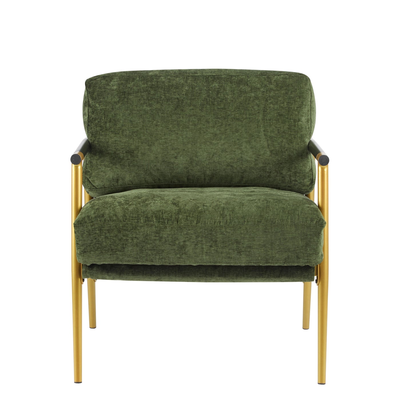 Modern Accent Chair With Plush Cushions, Minimalist Metal Frame, & Wooden Armrest Design - Gold / Green