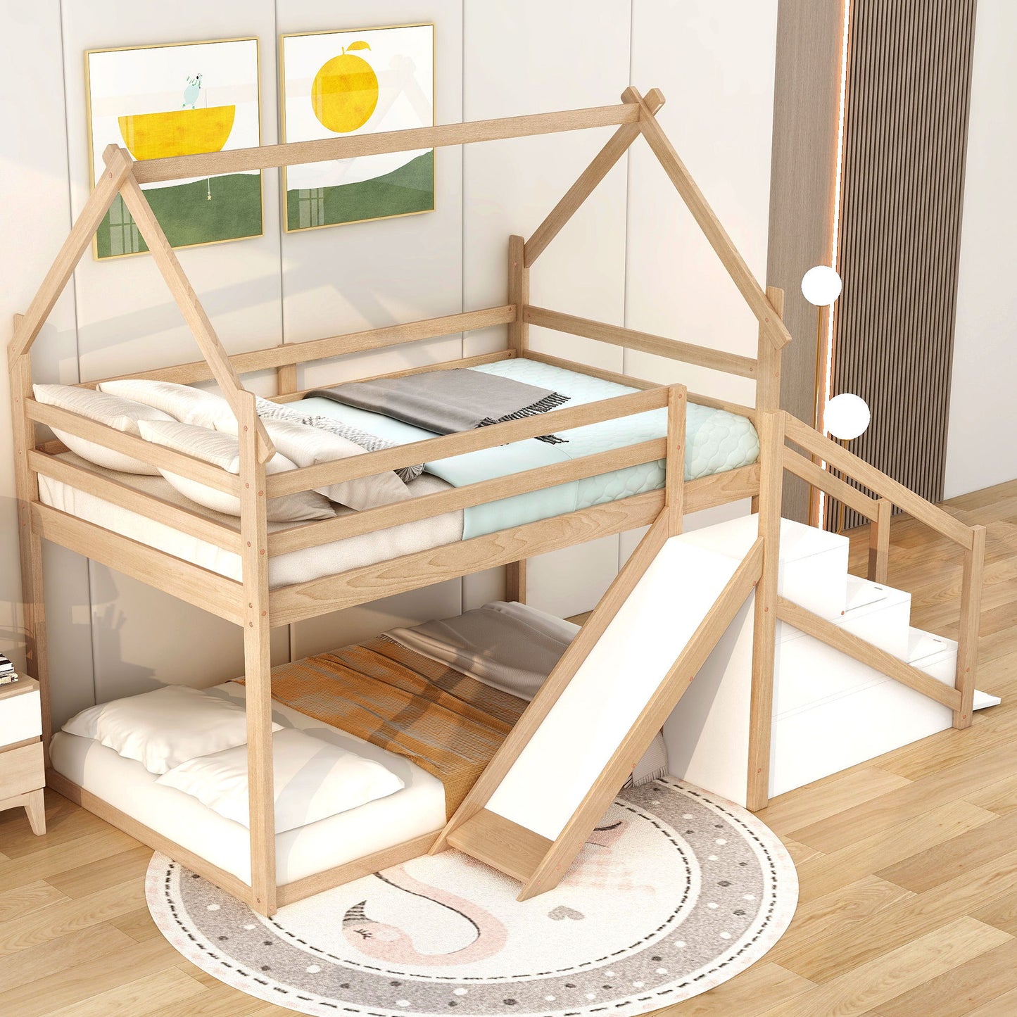 Twin Over Twin House Loft Or Bunk Bed With Slide And Staircase - Natural