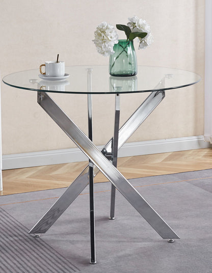 Dining Table With Cross Metal Leg And Tempered Glass, Modern Space Saving Kitchen Table For Living Room Legs - Chrome
