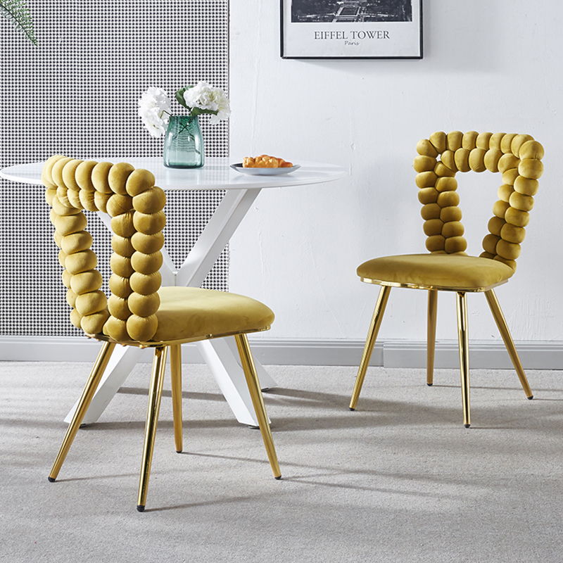 Modern Chair With Iron Tube Legs, Soft Cushions And Comfortable Backrest, Suitable For Dining Room, Living Room, Cafe, Hairball Back (Set of 2) - Yellow
