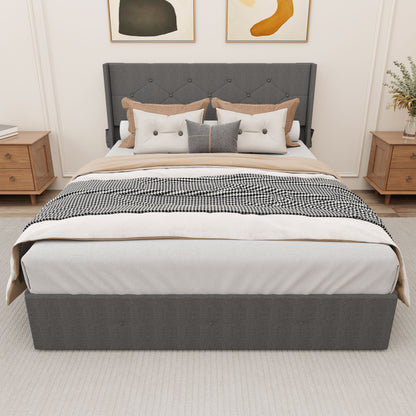 Modern Queen Size Bed Frame With Storage, Wingback Headboard, USB Ports - Dark Gray