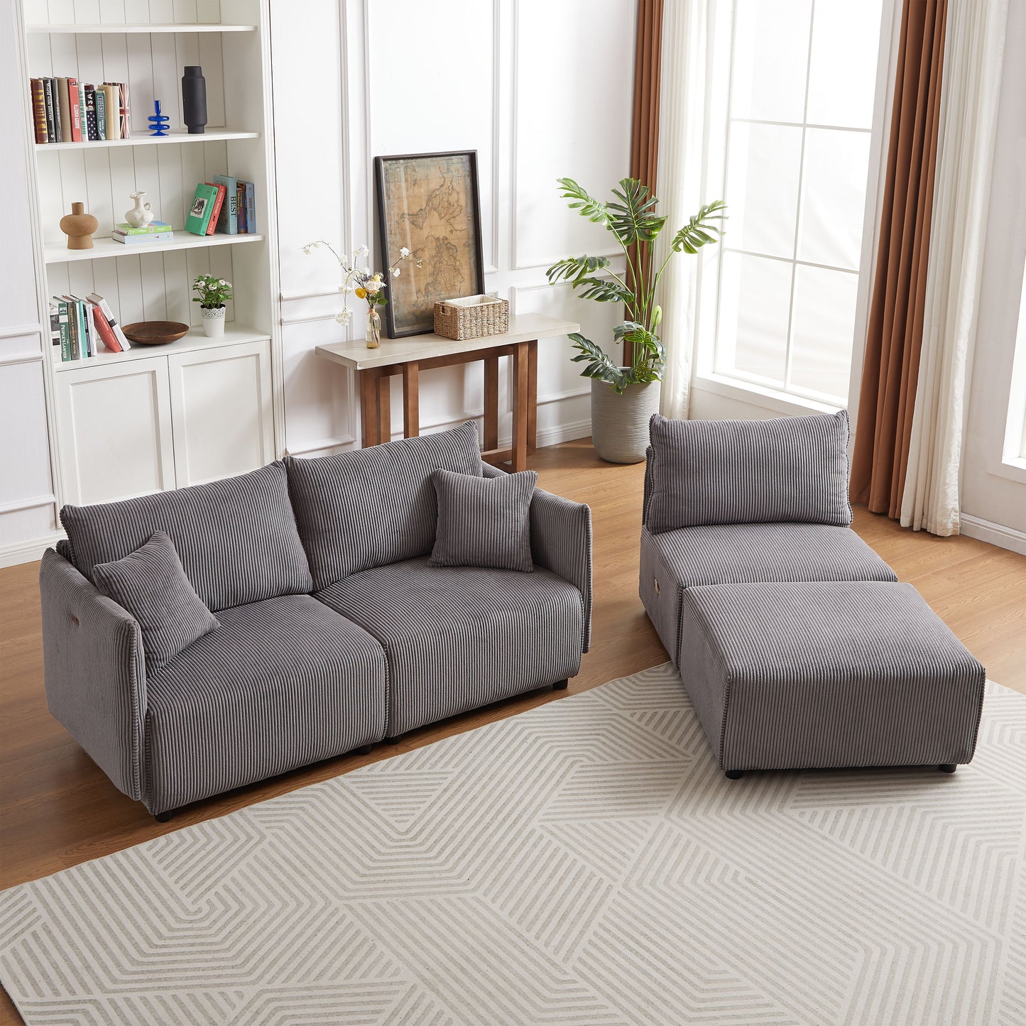 Multi Module Combination Style Sofa For Living Room And Other Lounge Spaces, Modern Minimalist Corduroy Combination Sofa With 2 Comfort Cushions With USB & C Charging Ports - Gray
