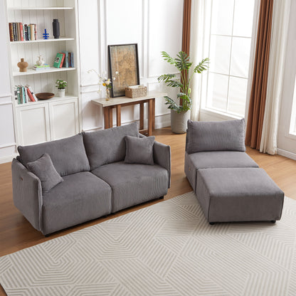Multi Module Combination Style Sofa For Living Room And Other Lounge Spaces, Modern Minimalist Corduroy Combination Sofa With 2 Comfort Cushions With USB & C Charging Ports - Gray