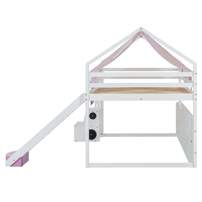 Full Size Loft Bed With House Shaped Frame And Tent - White / Pink