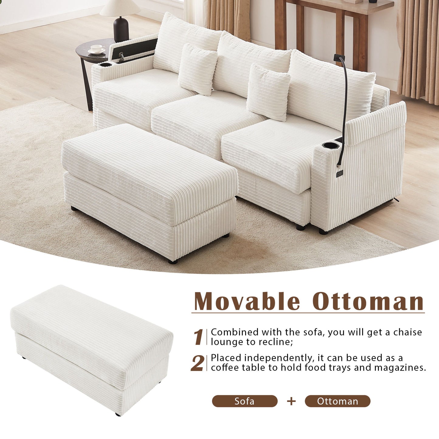 Modern Style 3 Seater Sofa Sectional Sofa Couch With Storage Space, A Movable Ottoman, Two USB Ports, Two Cup Holders, A Phone Holder For Living Room - Beige