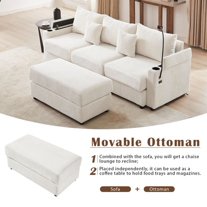 Modern Style 3 Seater Sofa Sectional Sofa Couch With Storage Space, A Movable Ottoman, Two USB Ports, Two Cup Holders, A Phone Holder For Living Room - Beige