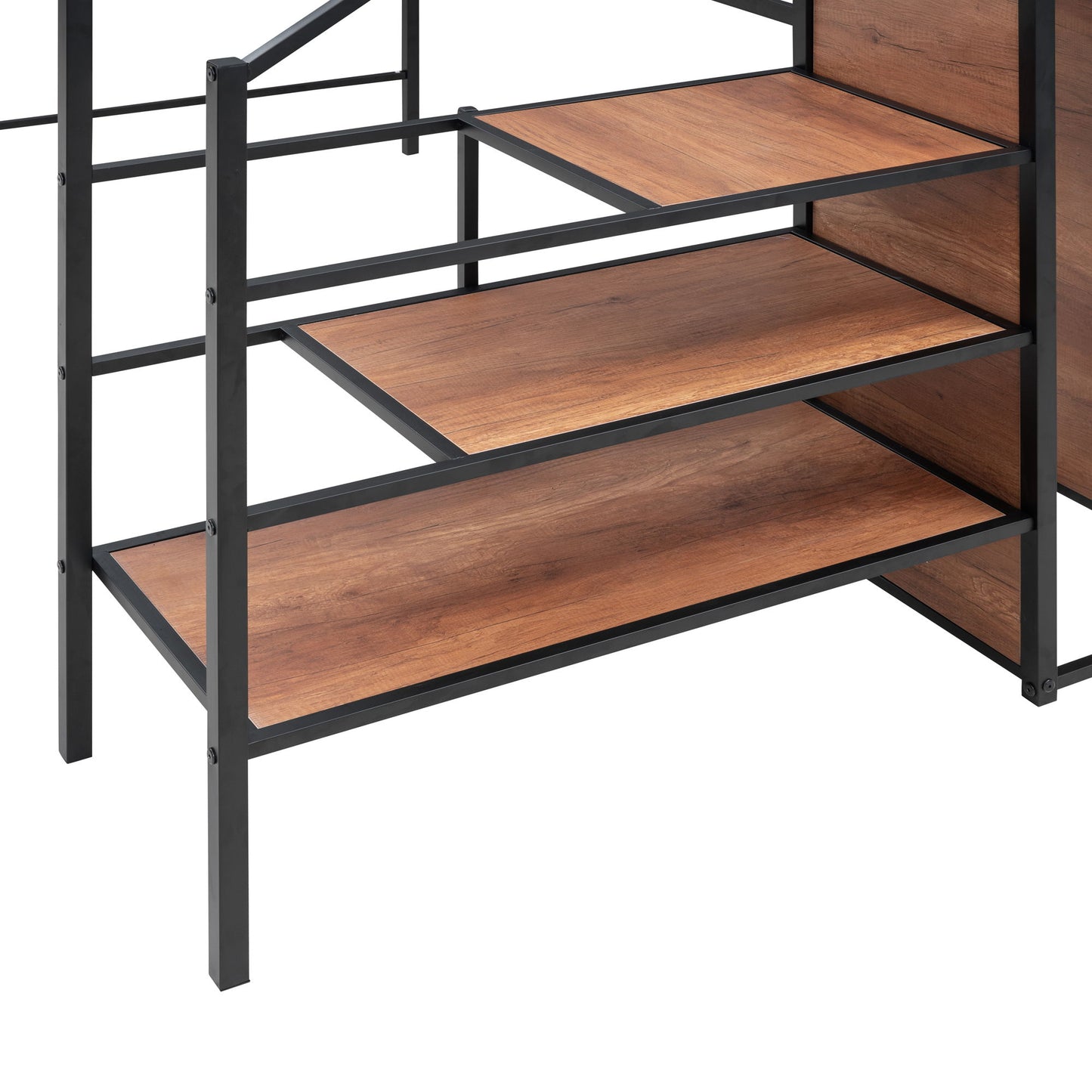 Full Size Loft Bed With Desk And Grid, Stylish Frame With Lateral Storage Ladder And Wardrobe - Black