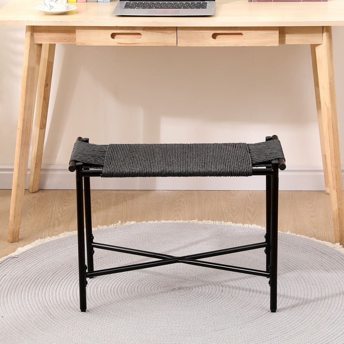 Handwoven Paper Rope Foot Rest Shoes Stools Ottomans For Entryway, Living Room, Bedroom & Office - Black