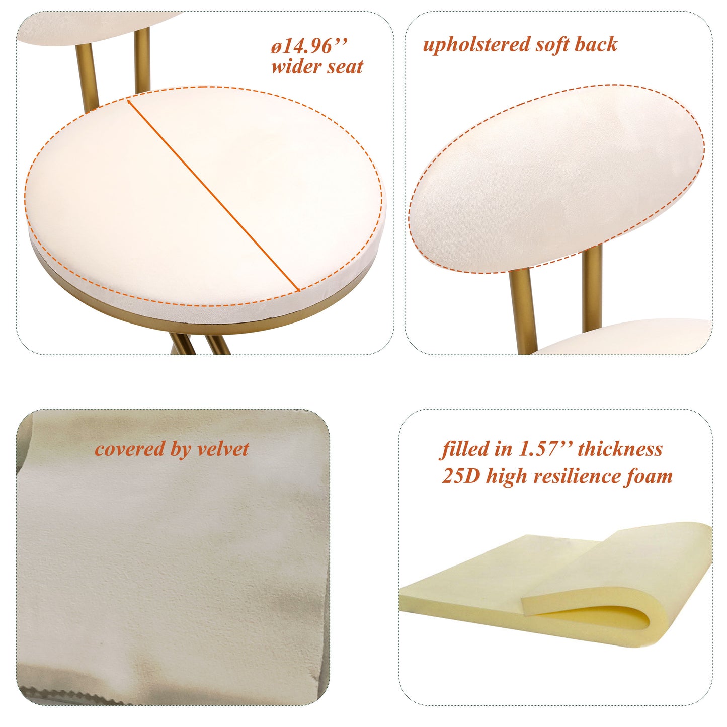 Round Bar Stool Armless Velvet Barstools With Back (Set of 2) Upholstered Counter Chair For Dining Room, Kitchen Island - Gold / Creamy White