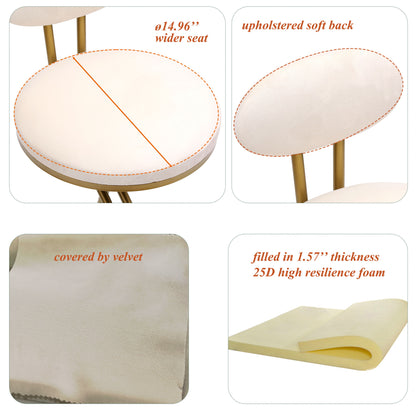 Round Bar Stool Armless Velvet Barstools With Back (Set of 2) Upholstered Counter Chair For Dining Room, Kitchen Island - Gold / Creamy White