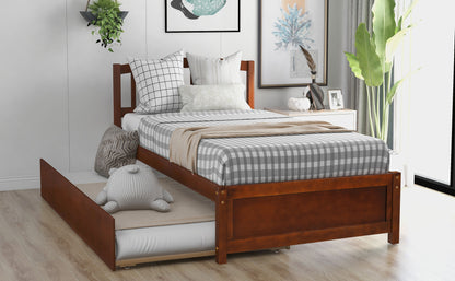 Twin Size Platform Bed Frame With Trundle - Walnut