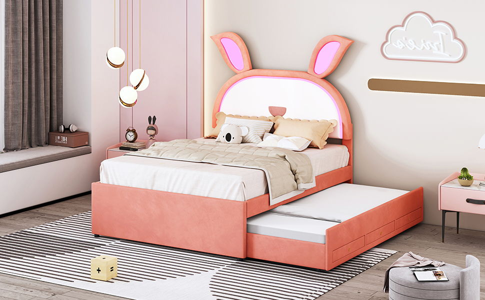 Full Size Upholstered Platform Bed With Trundle And 3 Drawers, Rabbit-Shaped Headboard With Embedded LED Lights - Pink