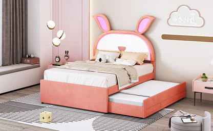 Full Size Upholstered Platform Bed With Trundle And 3 Drawers, Rabbit-Shaped Headboard With Embedded LED Lights - Pink