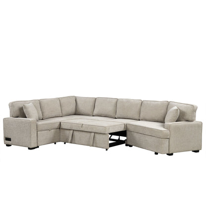 L-Shaped Sofa Sectional Sofa Couch Pull-Out Sofa Bed With Charging Devices And Cup Holders For Living Room - Beige