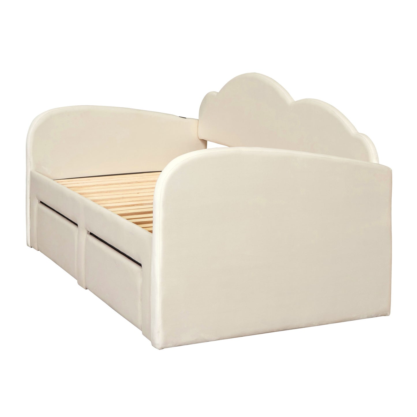 Twin Size Upholstered Daybed With Cloud-Shaped Backrest, Trundle & 2 Drawers And USB Ports - Beige