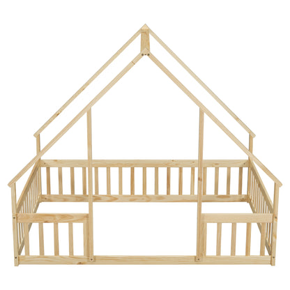 Full Wood House-Shaped Floor Bed With Fence, Guardrails - Natural