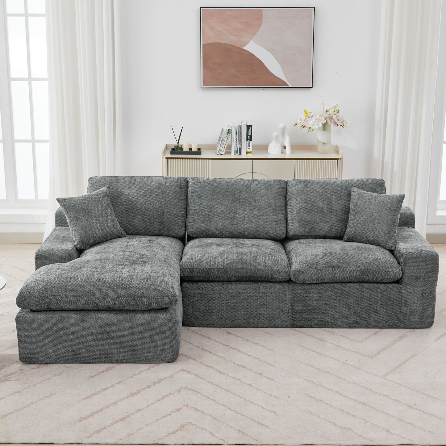 Cloud Sectional Sofa Upholstered Sofa Couch With Double-Layer Cushion And Side Pockets, Free Combined Sectional Sofa Full Compressed Sofa For Living Room - Gray