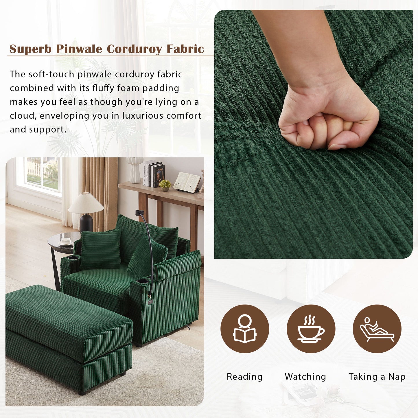 Modern Style Single Sofa Sofa Couch With Storage Space, A Movable Ottoman, Two USB Ports, Two Cup Holders, A Phone Holder For Living Room - Green