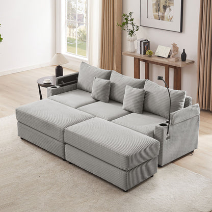 Modern Style 3 - Seater Sofa Sectional Sofa Couch With Storage Space, Two Movable Ottomans, Two USB Ports, Two Cup Holders, A Phone Holder For Living Room - Gray